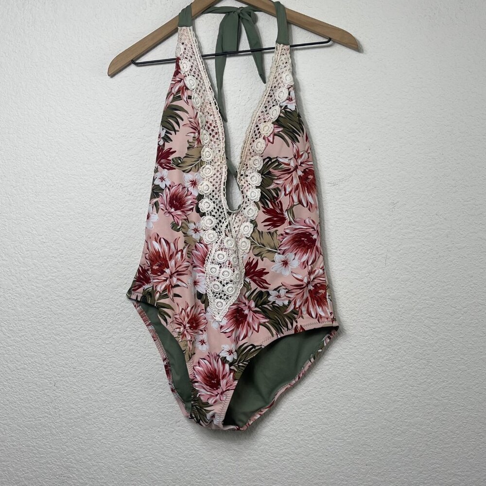 Kona Sol Women’s One-Piece Swimsuit Size Large Peach Floral Crochet Trim Plunge - Picture 3 of 8